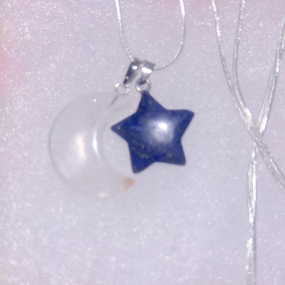 Boho hippie Quartz Crystal moon and Lapis Lazuli Star Sterling Silver Neckl…